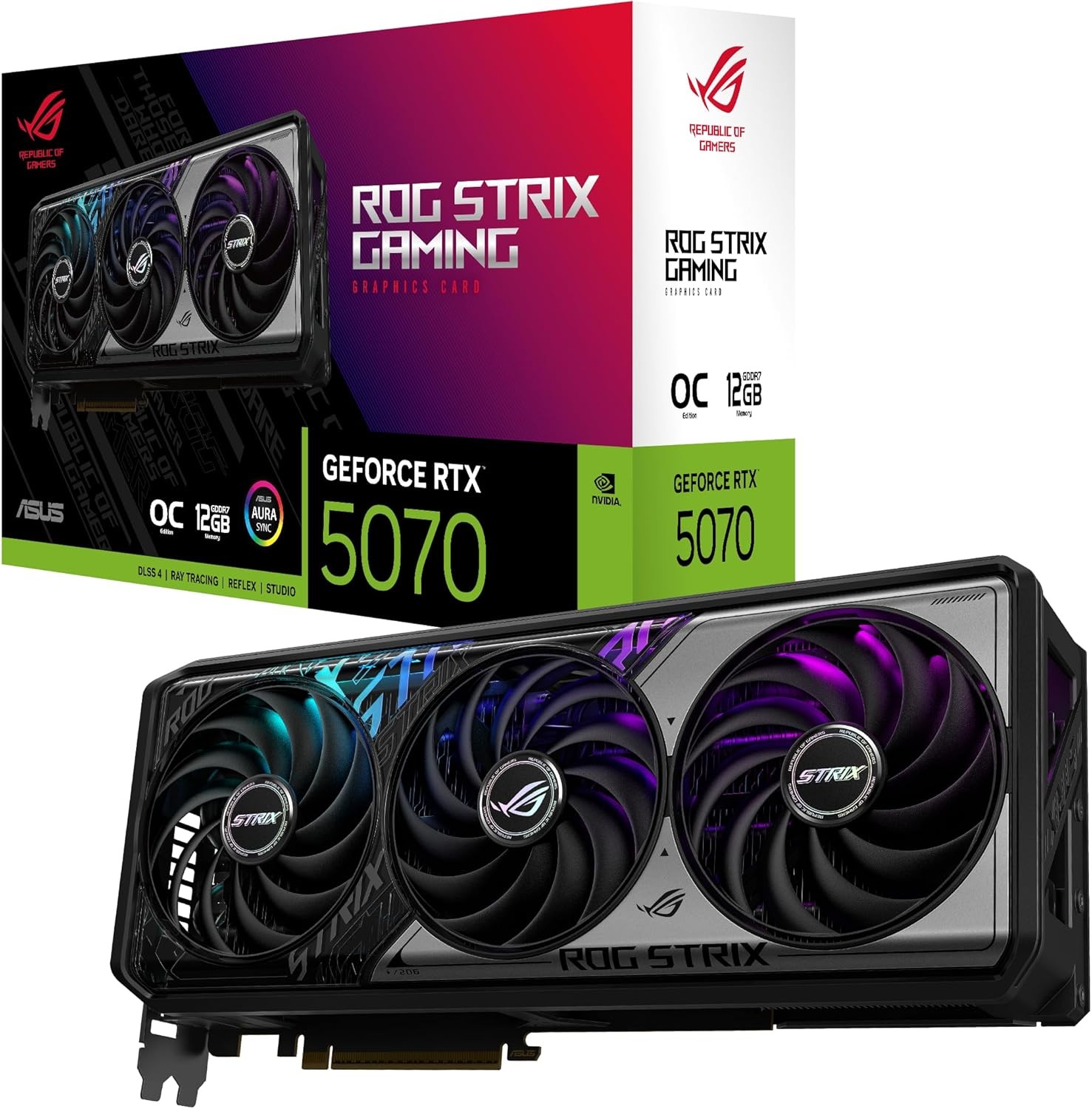 华硕 ROG Strix GeForce RTX™ 5070 OC 版 12GB GDDR7 显卡(PCIe® 5.0,12GB GDDR7,HDMI®/DP 2.1,3.2 插槽,轴向技术风扇,MaxContact 设计,相变 GPU 散热 Aura 同步垫,Aura c)